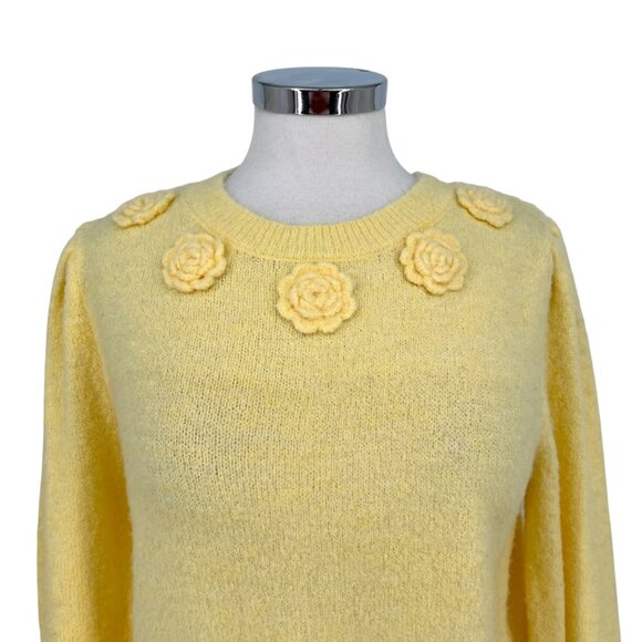Joie Floral Embellished Puff Sleeve Crewneck Sweater Yellow Size Small - Picture 2 of 9